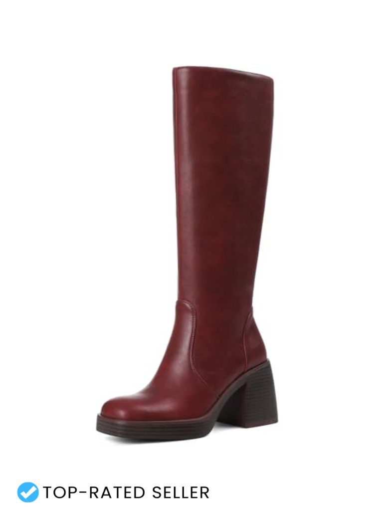 Faux Leather Platform Chunky Square Toe Heeled Side Zipper Knee High Boots